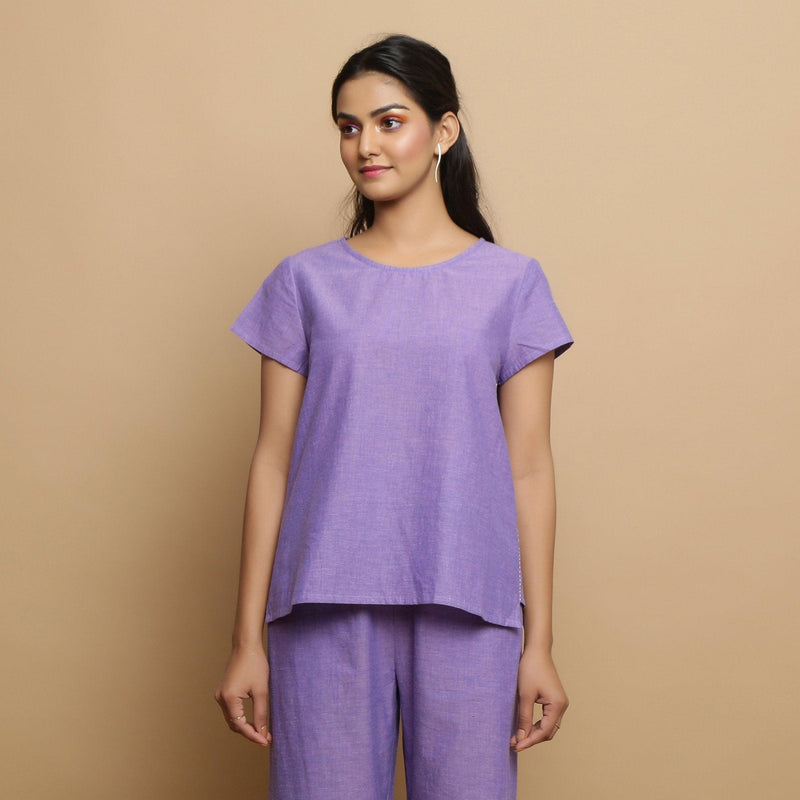 Front View of a Model wearing Lavender Mangalgiri Cotton Straight Top