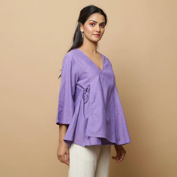 Right View of a Model wearing Lavender Mangalgiri Cotton Asymmetrical Top