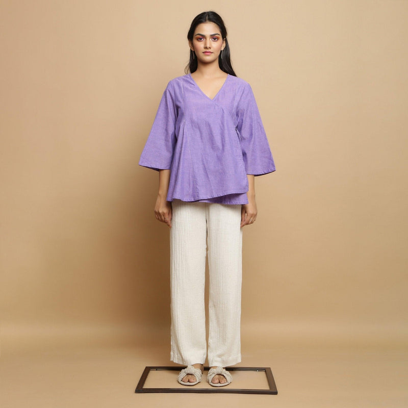 Front View of a Model wearing Lavender Mangalgiri Cotton Asymmetrical Top