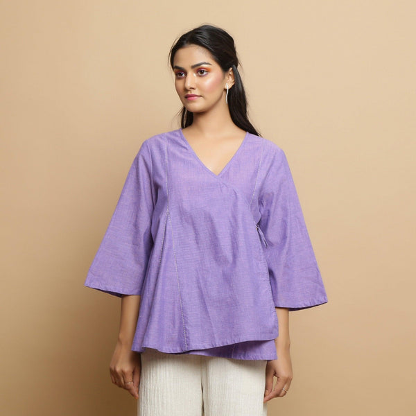 Front View of a Model wearing Lavender Mangalgiri Cotton Asymmetrical Top