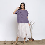 Front View of a Model wearing Lavender Round Neck Linen Loose Gathered Yoke Top