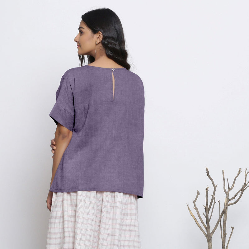 Back View of a Model wearing Lavender Round Neck Linen Loose Gathered Yoke Top