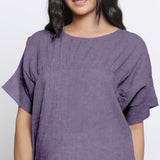 Front Detail of a Model wearing Lavender Round Neck Linen Loose Gathered Yoke Top