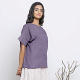 Right View of a Model wearing Lavender Round Neck Linen Loose Gathered Yoke Top