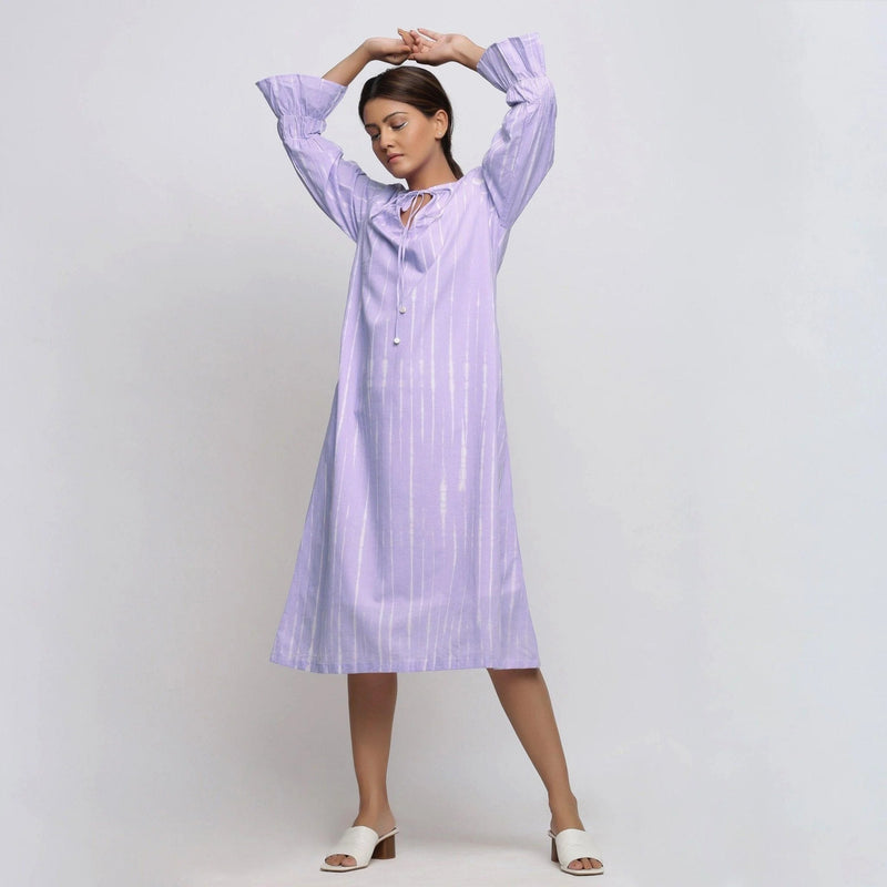 Front View of a Model wearing Poet Sleeves Cotton Lavender Yoke Dress