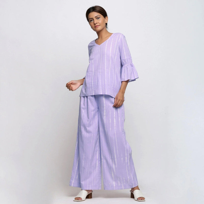 Left View of a Model wearing Lavender Tie-Dye Cotton Lantern Sleeves A-Line Top