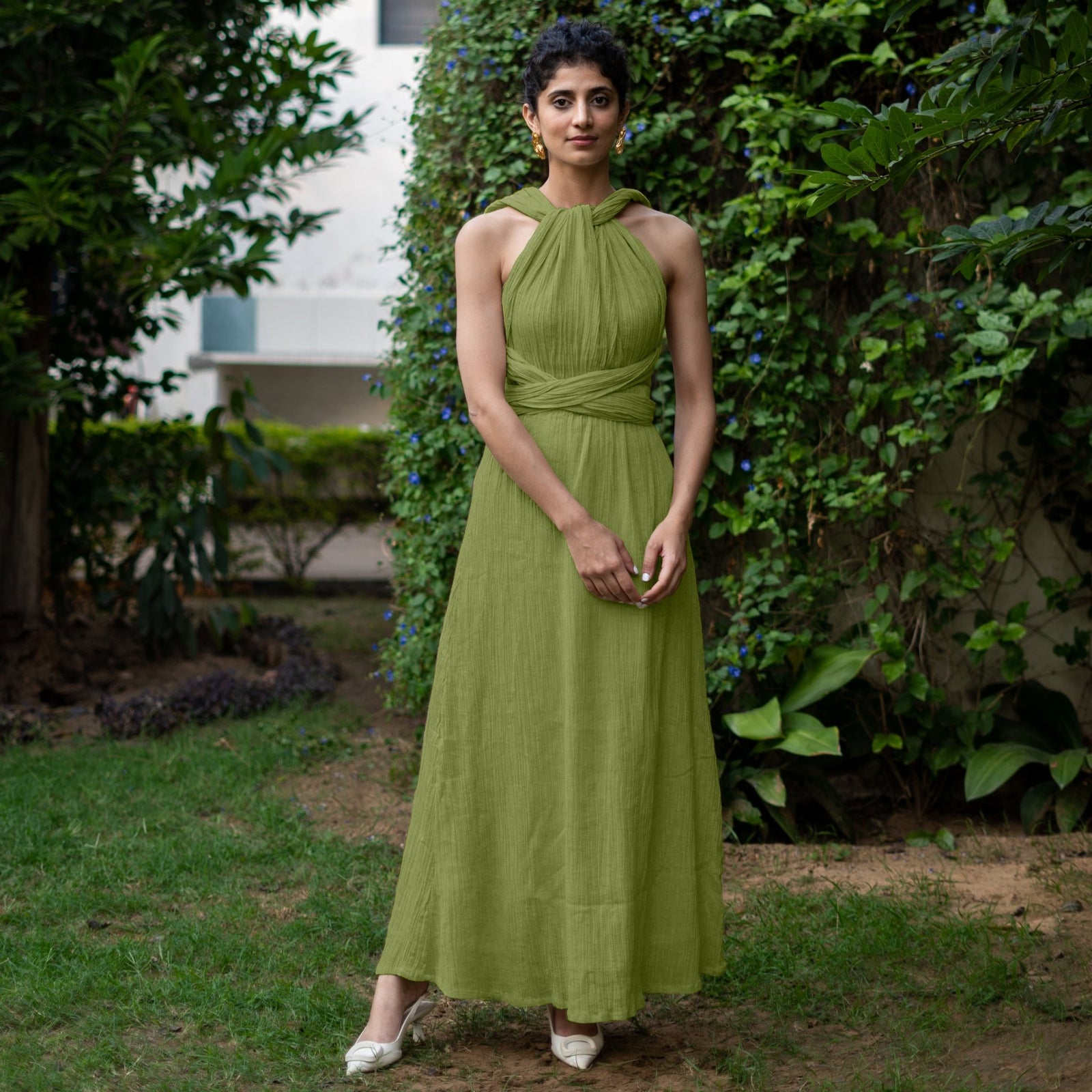 Leaf Green Crinkled Cotton Flax Boho Infinity Drape Gown with Matching Tube 52" / Regular (5'2" - 5'6")