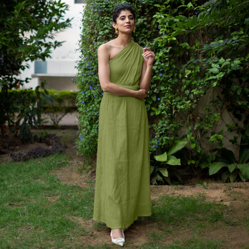 Buy Leaf Green Crinkled Cotton Flax Boho Infinity Drape Gown with Matching Tube Online at SeamsFriendly Buy Leaf Green Crinkled Cotton Flax Boho Infinity Drape Gown with Matching Tube Online at SeamsFriendly