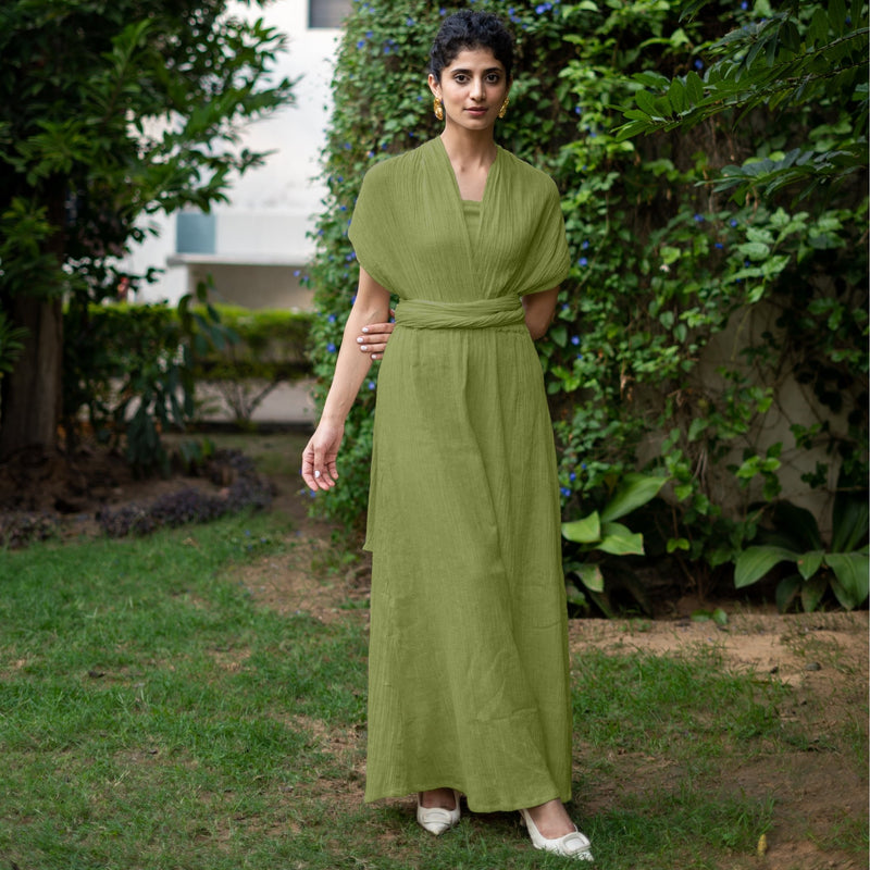 Leaf Green Crinkled Cotton Flax Boho Infinity Drape Gown with Matching Tube 52" / Regular (5'2" - 5'6") Leaf Green Crinkled Cotton Flax Boho Infinity Drape Gown with Matching Tube 52" / Regular (5'2" - 5'6")