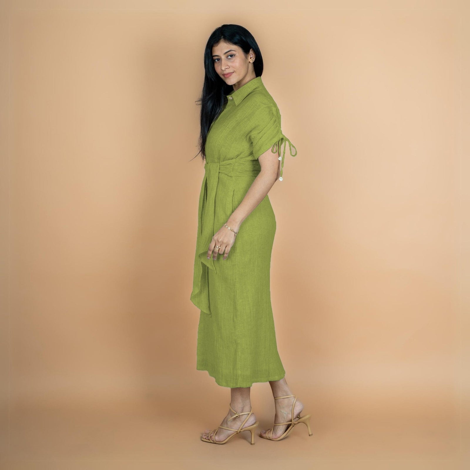 Buy Leaf Green Crinkled Cotton Flax Boho Maxi Button-Down Shirt Dress  Online at SeamsFriendly