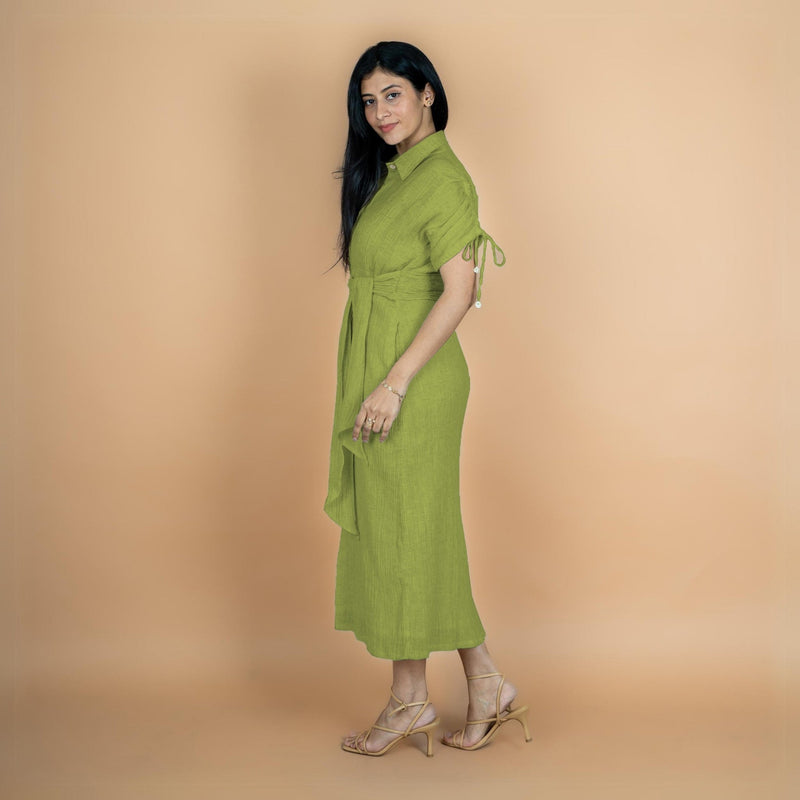 Leaf Green Crinkled Cotton Flax Boho Maxi Button-Down Shirt Dress