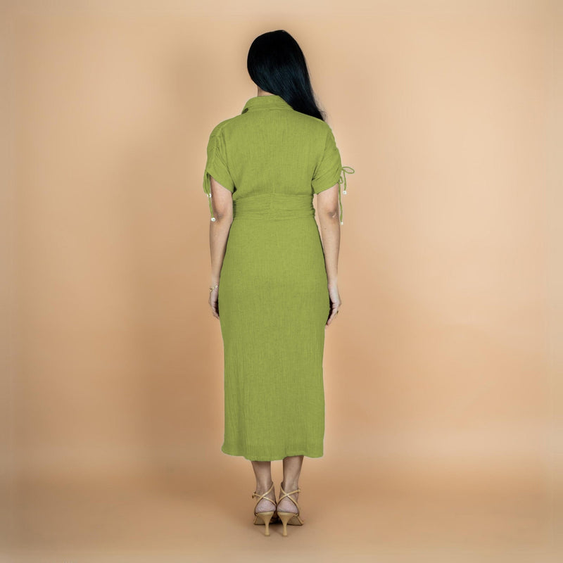 Leaf Green Crinkled Cotton Flax Boho Maxi Button-Down Shirt Dress 34" / Custom Height (Free) Leaf Green Crinkled Cotton Flax Boho Maxi Button-Down Shirt Dress 34" / Custom Height (Free)