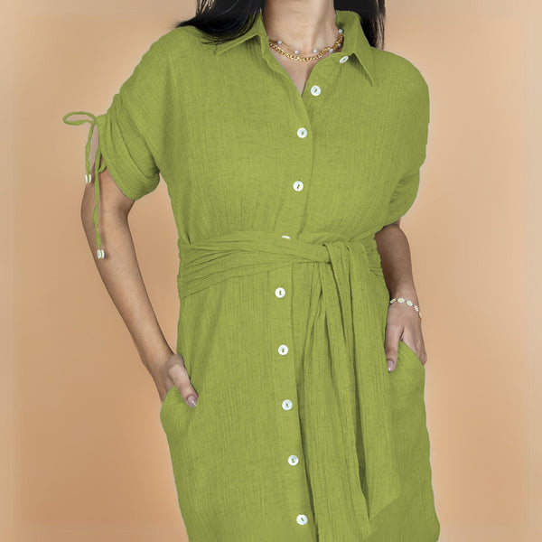 Leaf Green Crinkled Cotton Flax Boho Maxi Button-Down Shirt Dress