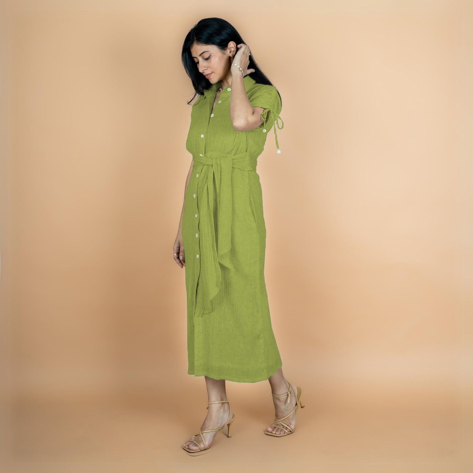 Leaf Green Crinkled Cotton Flax Boho Maxi Button-Down Shirt Dress 34" / Custom Height (Free)
