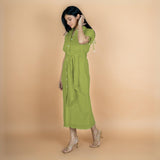 Leaf Green Crinkled Cotton Flax Boho Maxi Button-Down Shirt Dress