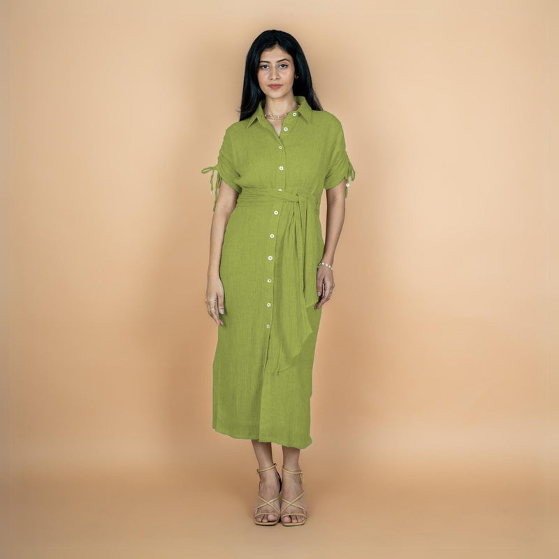 Leaf Green Crinkled Cotton Flax Boho Maxi Button-Down Shirt Dress