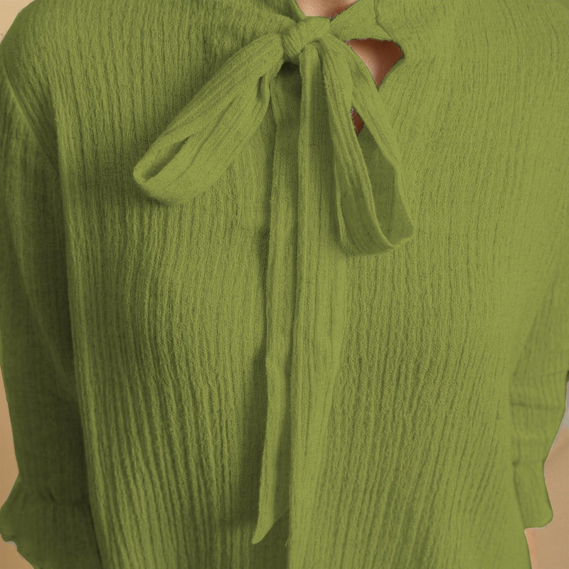 Leaf Green Crinkled Cotton Flax Boho Tie-Neck Top