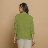 Leaf Green Crinkled Cotton Flax Boho Tie-Neck Top