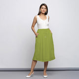 Leaf Green Crinkled Cotton Flax Elasticated Flared Midi Skirt