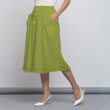 Leaf Green Crinkled Cotton Flax Elasticated Flared Midi Skirt