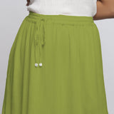 Leaf Green Crinkled Cotton Flax Elasticated Flared Midi Skirt