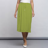 Leaf Green Crinkled Cotton Flax Elasticated Flared Midi Skirt