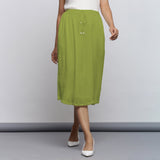 Leaf Green Crinkled Cotton Flax Elasticated Flared Midi Skirt