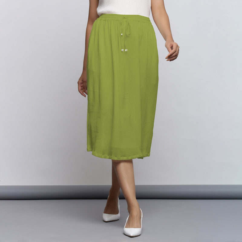 Leaf Green Crinkled Cotton Flax Elasticated Flared Midi Skirt