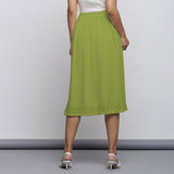 Leaf Green Crinkled Cotton Flax Elasticated Flared Midi Skirt