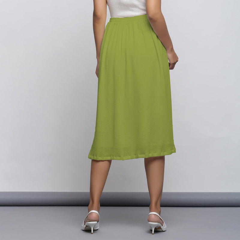 Leaf Green Crinkled Cotton Flax Elasticated Flared Midi Skirt