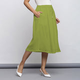 Leaf Green Crinkled Cotton Flax Elasticated Flared Midi Skirt