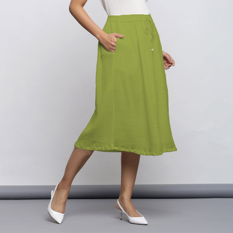 Leaf Green Crinkled Cotton Flax Elasticated Flared Midi Skirt