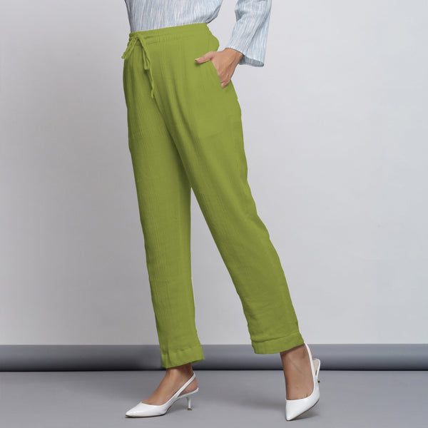 Leaf Green Crinkled Cotton Flax Elasticated Mid-Rise Tapered Pant