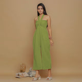 Leaf Green Crinkled Cotton Flax High-Rise Jumpsuit