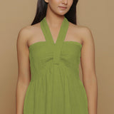 Leaf Green Crinkled Cotton Flax High-Rise Jumpsuit