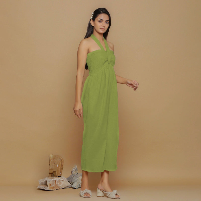 Leaf Green Crinkled Cotton Flax High-Rise Jumpsuit