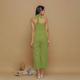 Leaf Green Crinkled Cotton Flax High-Rise Jumpsuit