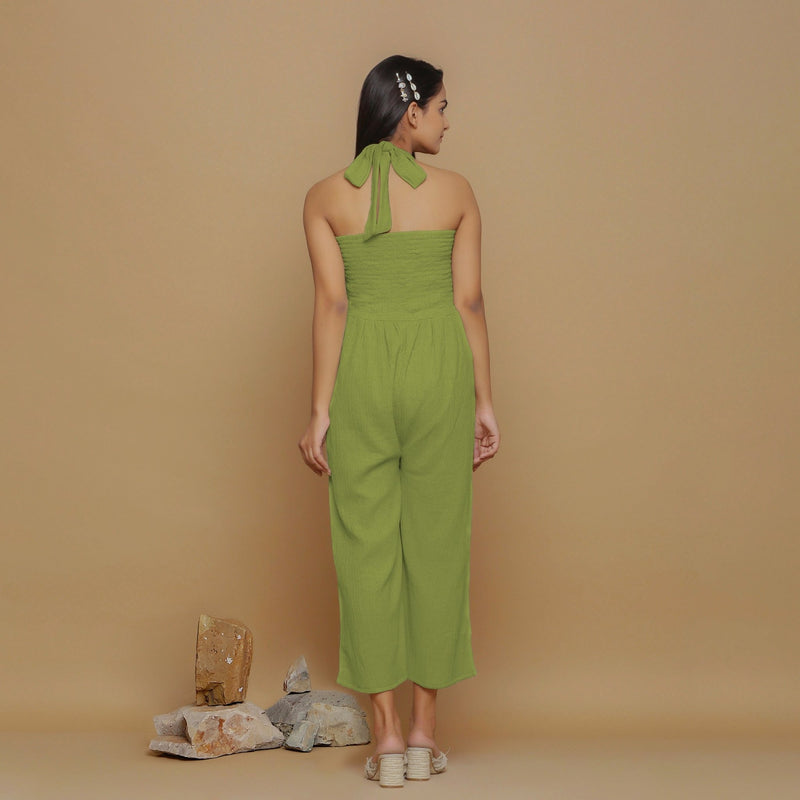 Leaf Green Crinkled Cotton Flax High-Rise Jumpsuit