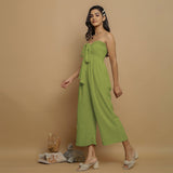 Leaf Green Crinkled Cotton Flax High-Rise Jumpsuit