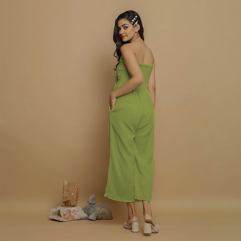 Leaf Green Crinkled Cotton Flax High-Rise Jumpsuit