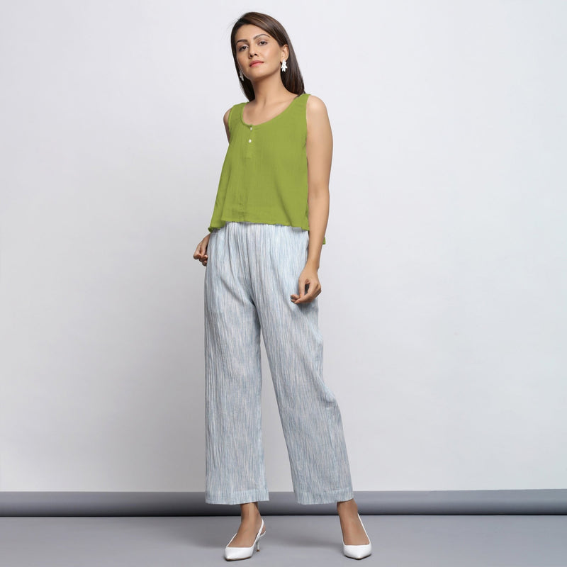 Leaf Green Crinkled Cotton Flax Round Neck Sleeveless Top