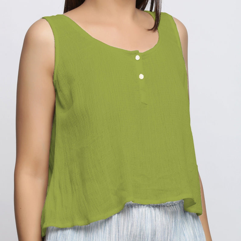 Leaf Green Crinkled Cotton Flax Round Neck Sleeveless Top
