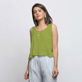 Leaf Green Crinkled Cotton Flax Round Neck Sleeveless Top
