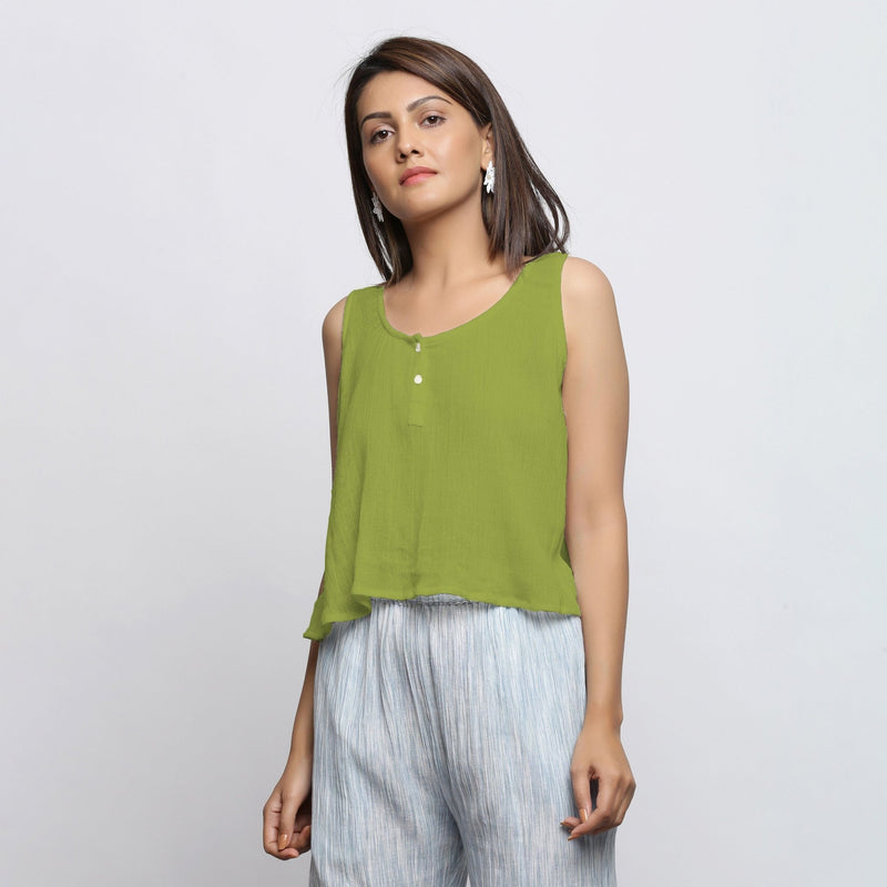 Leaf Green Crinkled Cotton Flax Round Neck Sleeveless Top