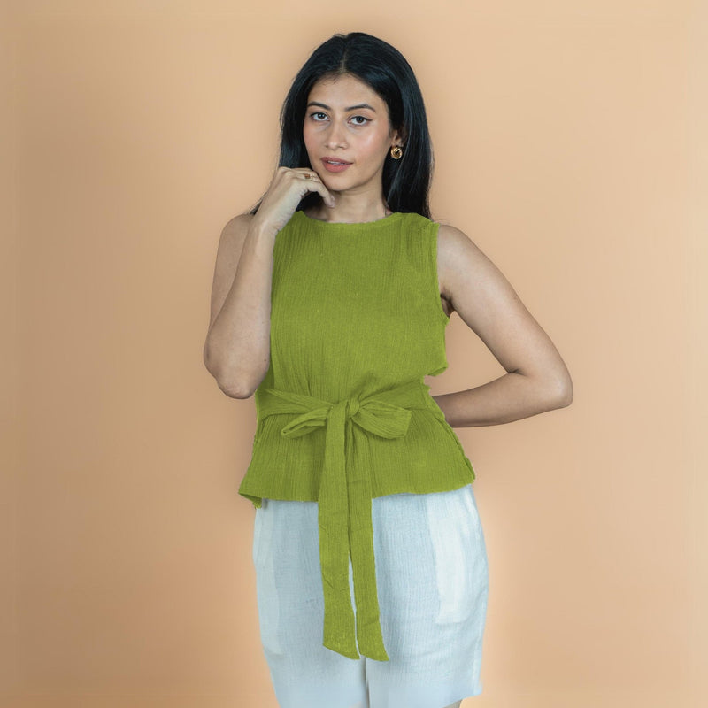 Leaf Green Crinkled Cotton Flax Sleeveless Tie-Up Top