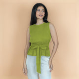 Leaf Green Crinkled Cotton Flax Sleeveless Tie-Up Top