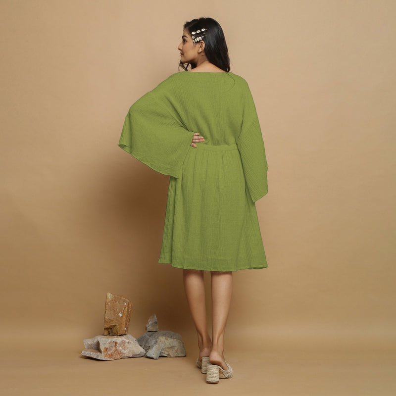 Leaf Green Crinkled Cotton Flax V-Neck Drop Shoulder Knee Length Dress