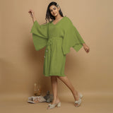 Leaf Green Crinkled Cotton Flax V-Neck Drop Shoulder Knee Length Dress