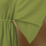 Leaf Green Crinkled Cotton Flax V-Neck Drop Shoulder Knee Length Dress