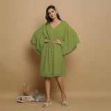 Leaf Green Crinkled Cotton Flax V-Neck Drop Shoulder Knee Length Dress